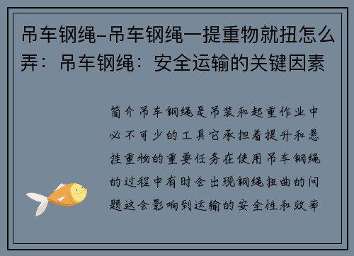 吊车钢绳-吊车钢绳一提重物就扭怎么弄：吊车钢绳：安全运输的关键因素